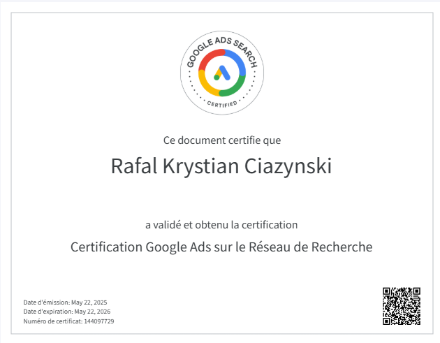 Certification Google Ads sur le Réseau de Recherche • Rafal Krystian Ciazynski • Skillshop 2